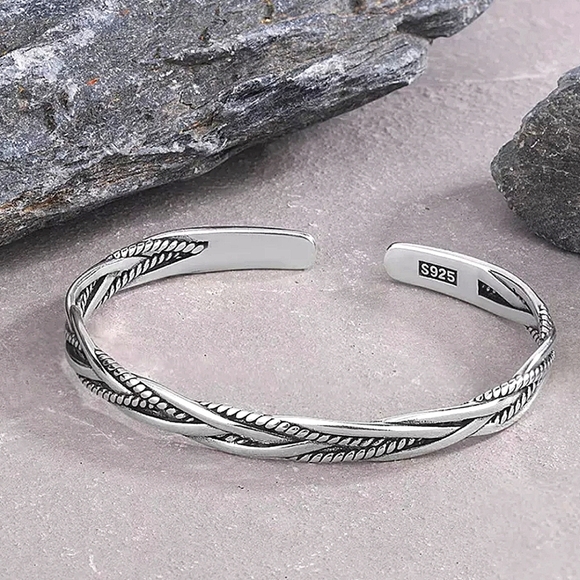 Twisted Sterling Silver Bangle Cuff Bracelet Matching Ring Set - Picture 2 of 7
